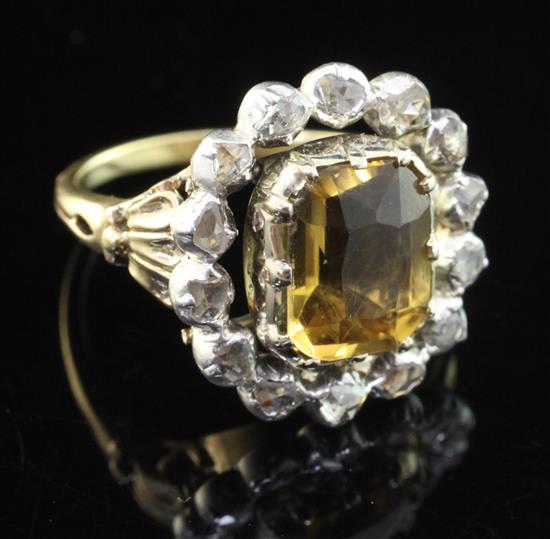 A 19th century style gold, citrine and rose cut diamond set cluster ring, size N.